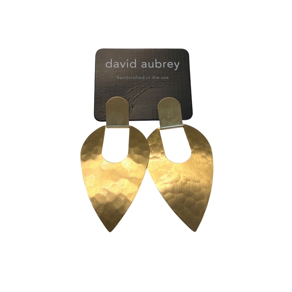 David Aubrey Hammered Brass Shield Drop Earrings Gold Tone Handcrafted USA